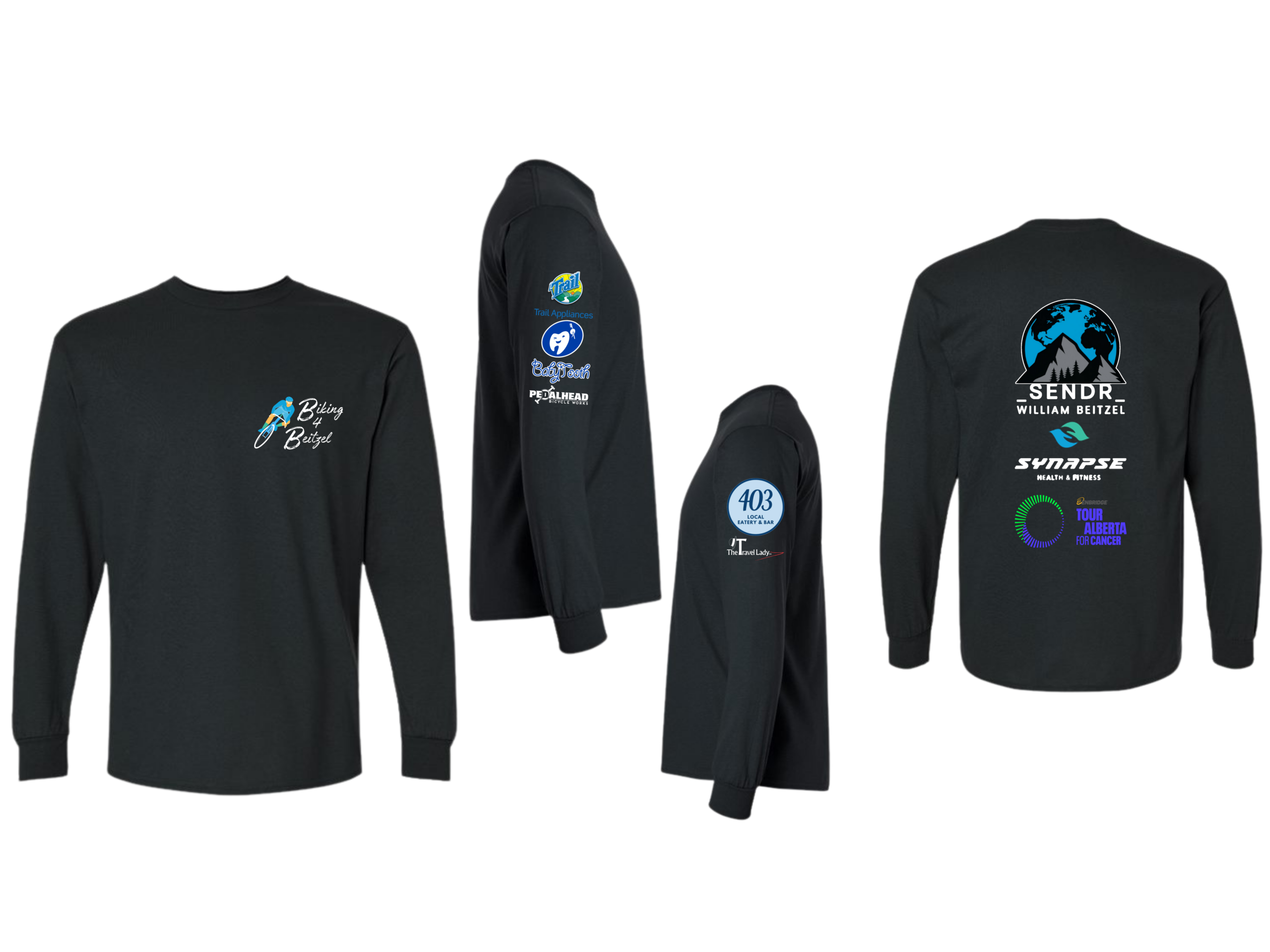 Set of black long-sleeve shirts displayed on display stands, each with colorful logos on the chest and back.